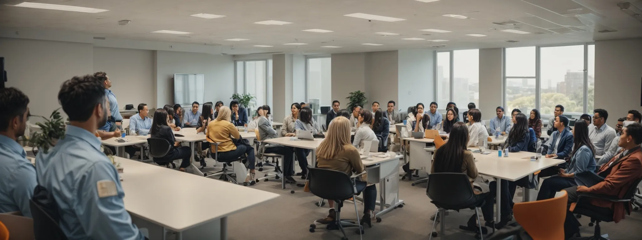 employees gather in a brightly lit conference room for a health and safety workshop, demonstrating the company's commitment to a positive workplace culture.