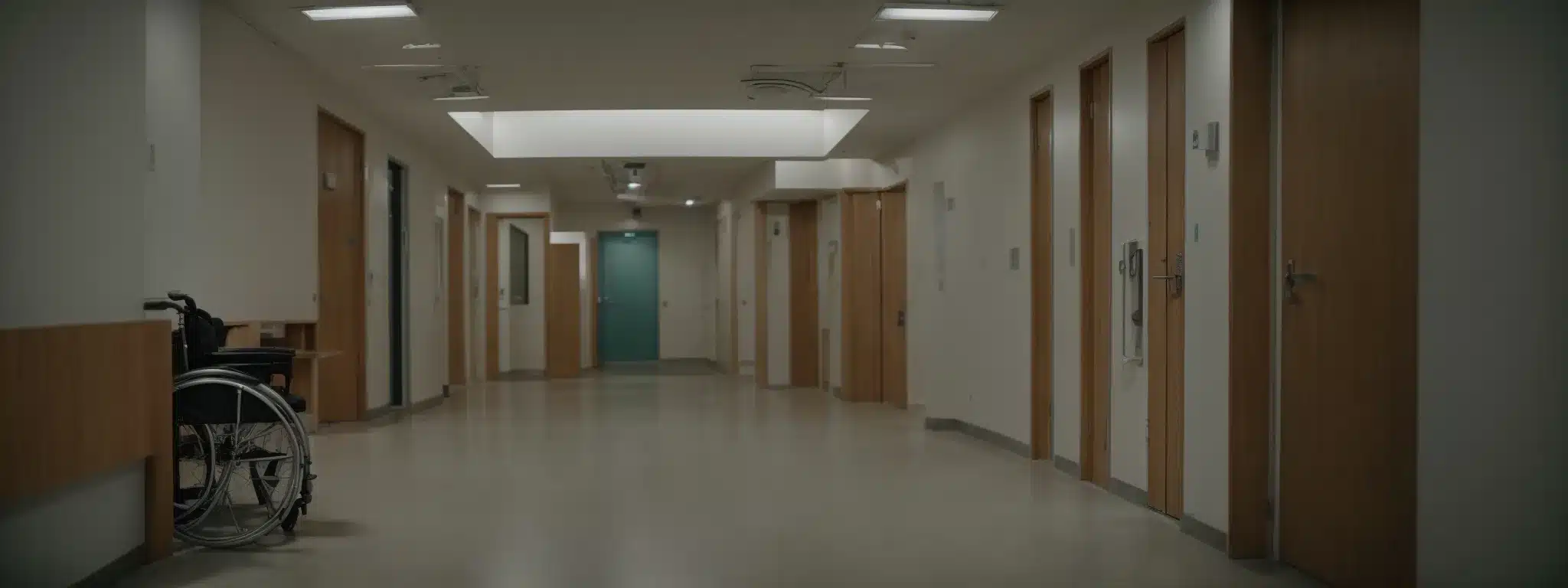 a wide corridor leading to an occupational health clinic, with clear signage and a wheelchair-accessible entrance, symbolizing the consideration for both accessibility and service location.