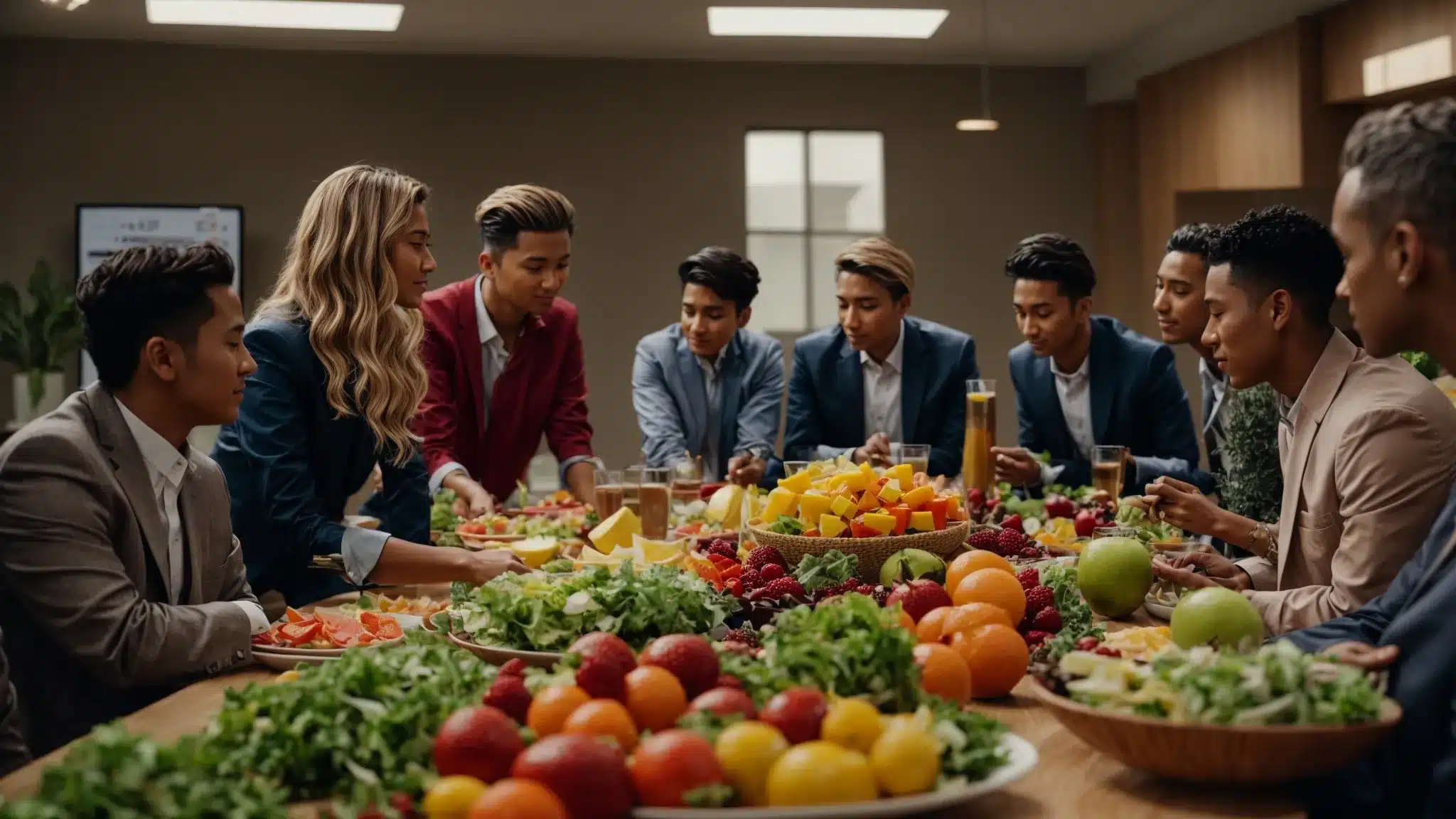employees gathered around a conference table filled with a variety of colorful fruits and salad options.