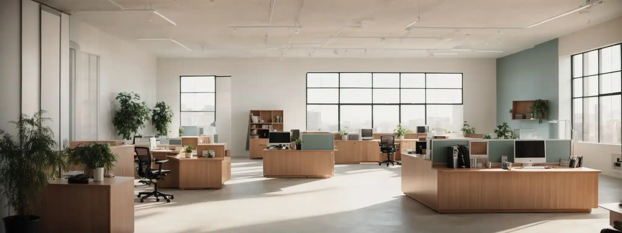 an empty, serene office space with a comfortably arranged relaxation nook bathed in soft, natural light.