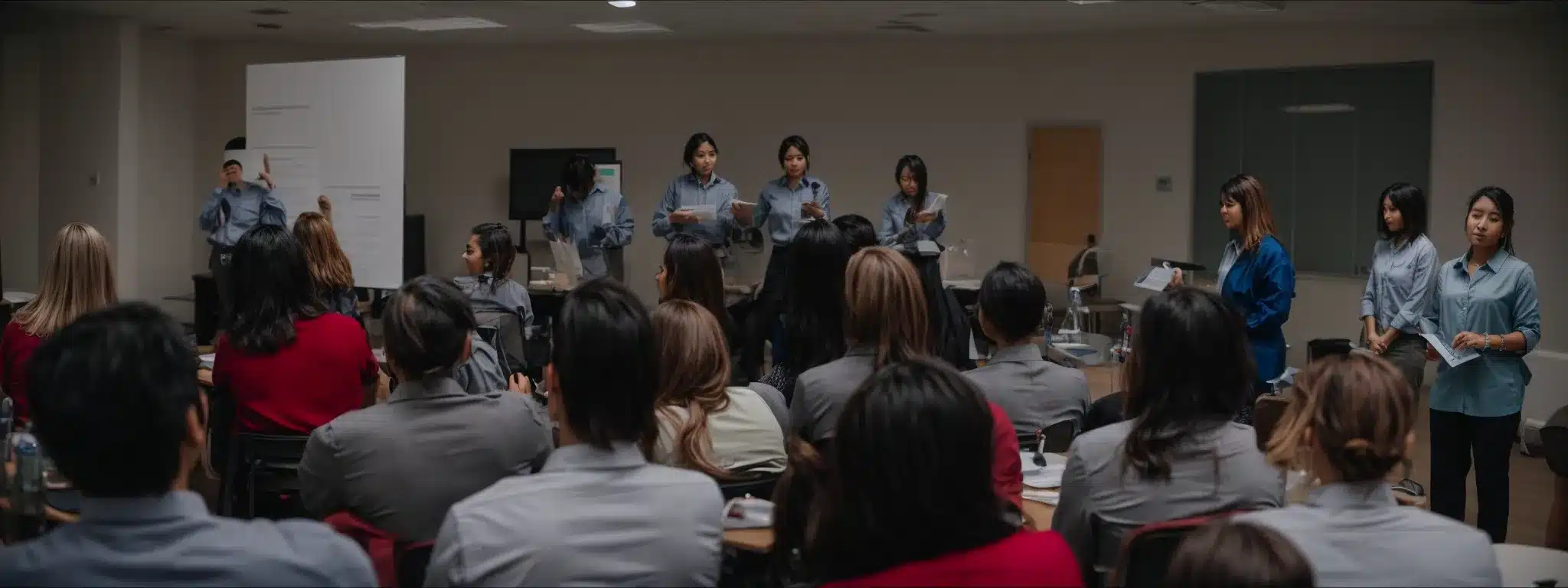 a diverse group of employees engaging in an interactive workshop with various instructional aids.