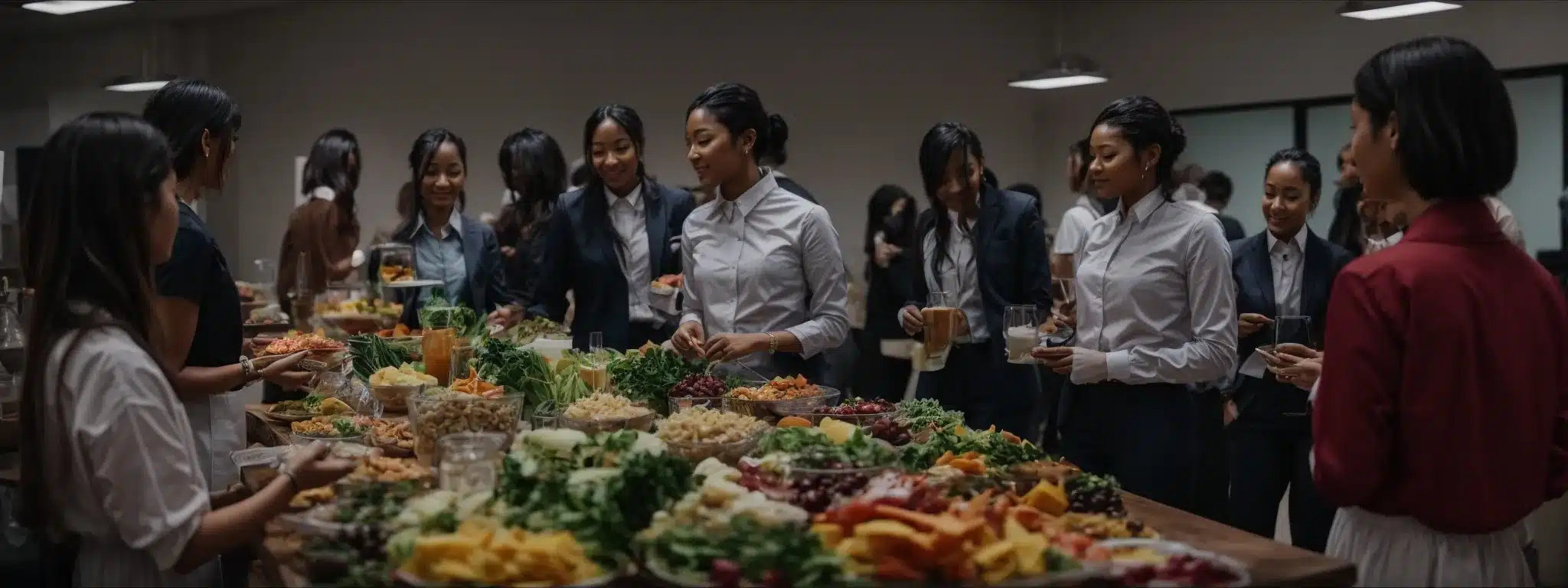 a group of employees gather around a table filled with healthy foods during an office wellness event.