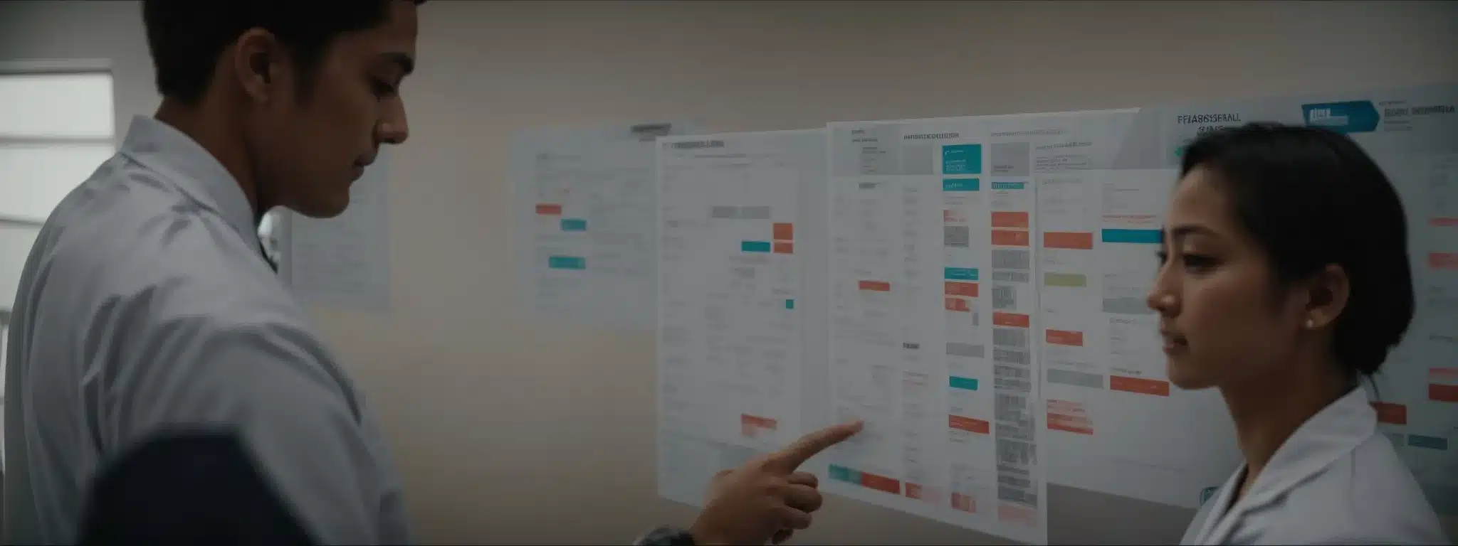 a medical professional in a clinic, pointing at a health assessment chart while speaking with an employee.