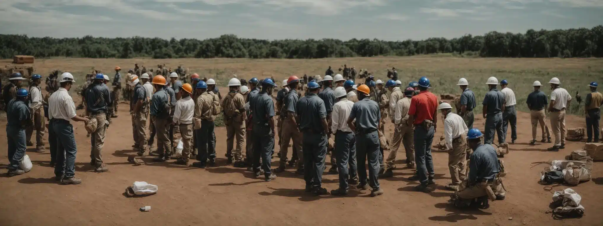 a group of workers engaging in a collaborative outdoor team-building exercise under a clear sky.