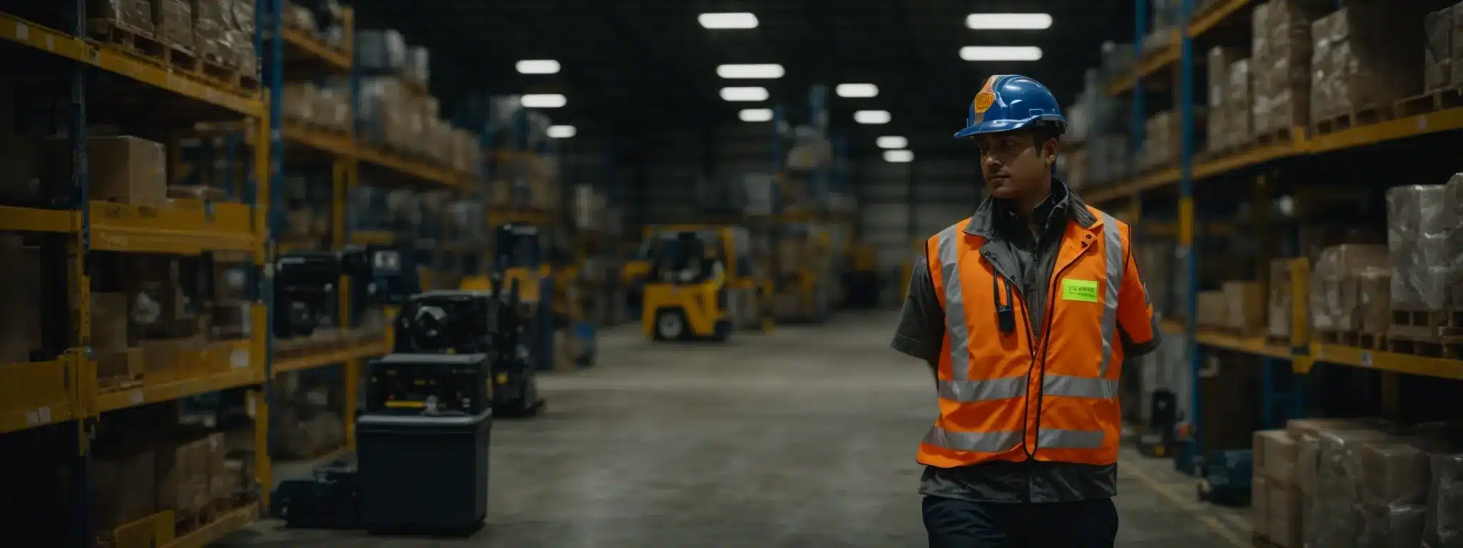 a worker in a warehouse wearing a smart safety vest is monitored by a digital system tracking his movements to prevent injuries.