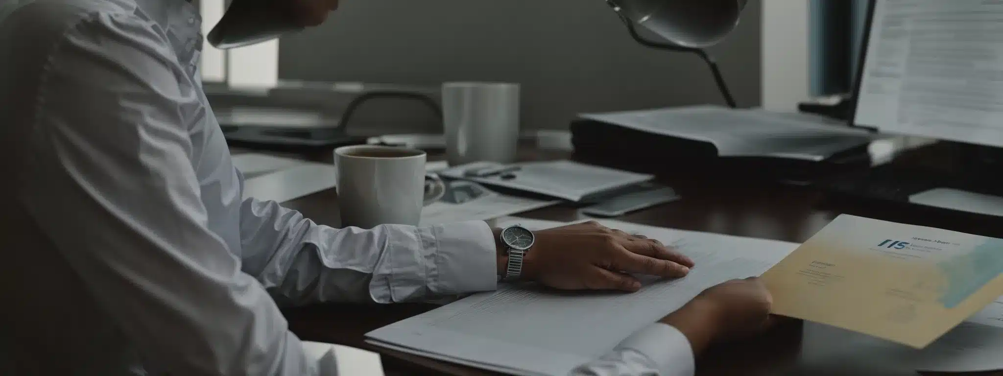 a business executive studies a financial report beside a healthcare brochure on a desktop.