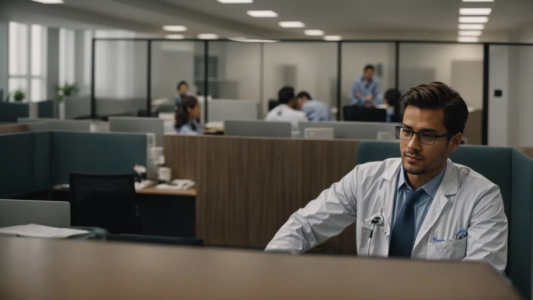 a healthcare professional is consulting with a worker in an office environment.