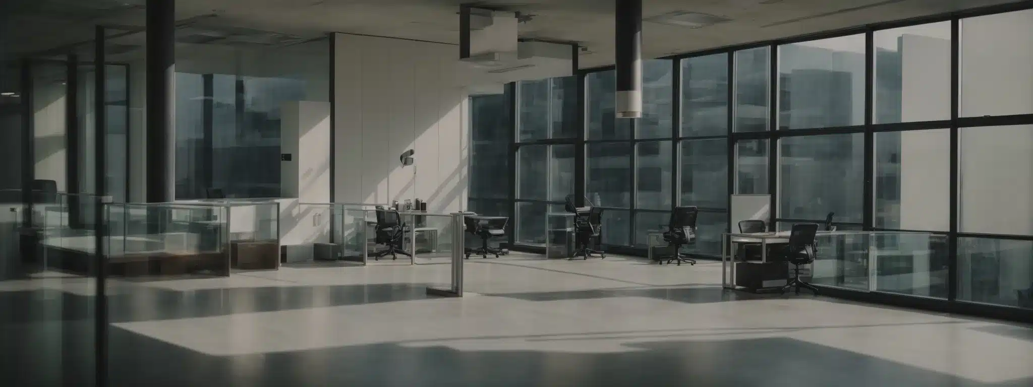 a modern office with open windows and a visible thermostat on a clean, uncluttered wall.