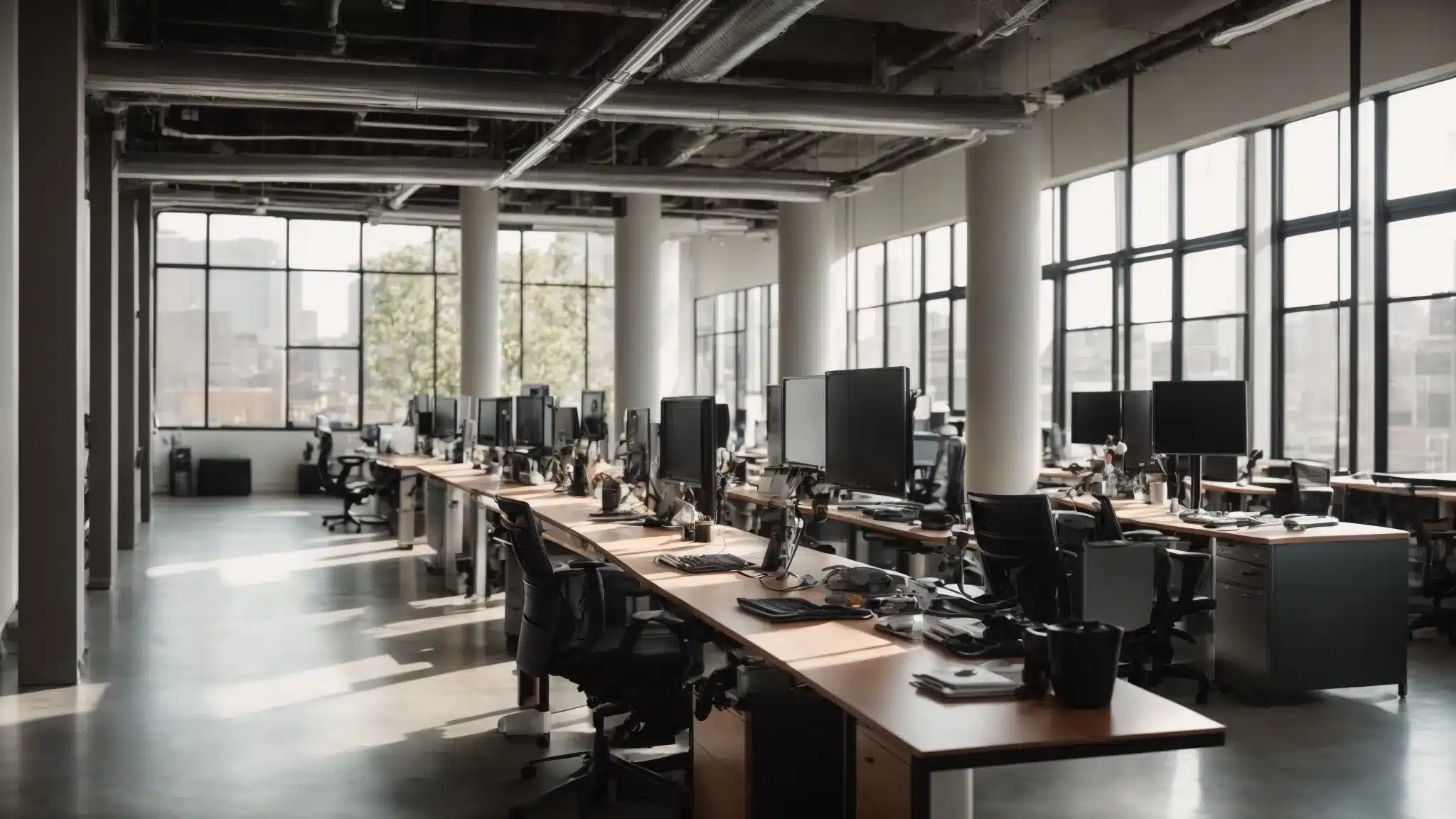a row of ergonomic workstations with adjustable chairs in a well-lit, spacious office.