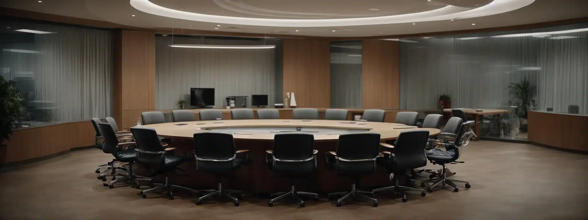 a corporate meeting room with a round table, legal documents scattered about, and a large clear space suggesting a focused discussion on workplace wellness regulations.