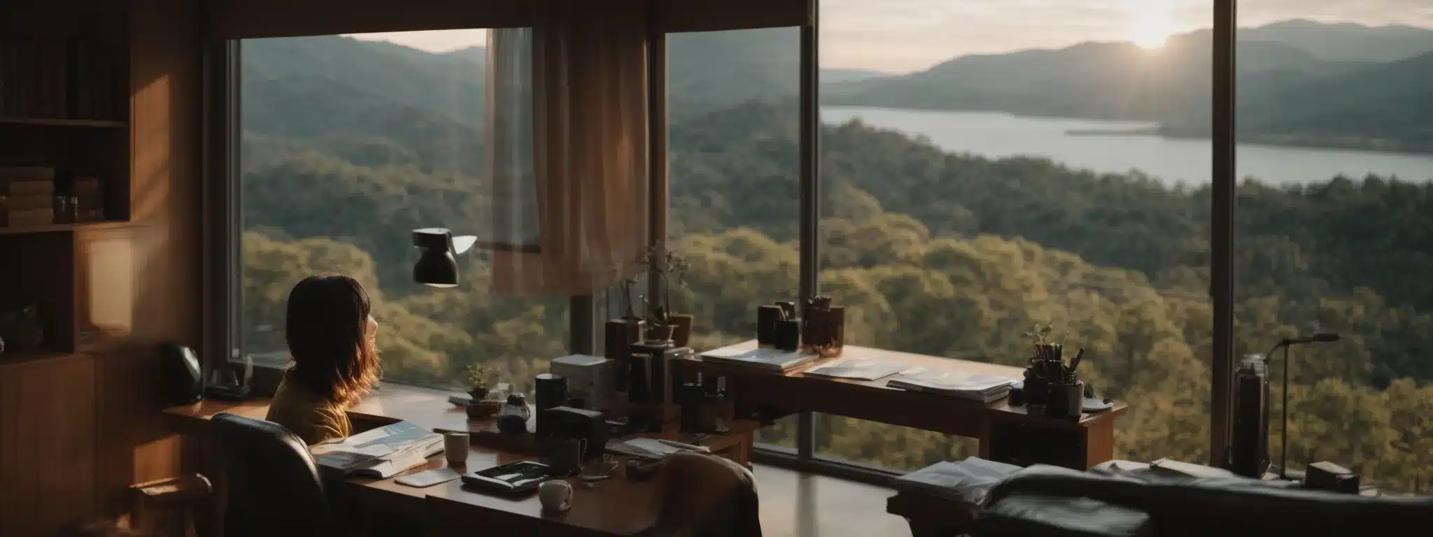 an individual sitting calmly in a cozy home office space, overlooking a serene landscape through the window, suggests a harmonious work-life integration.