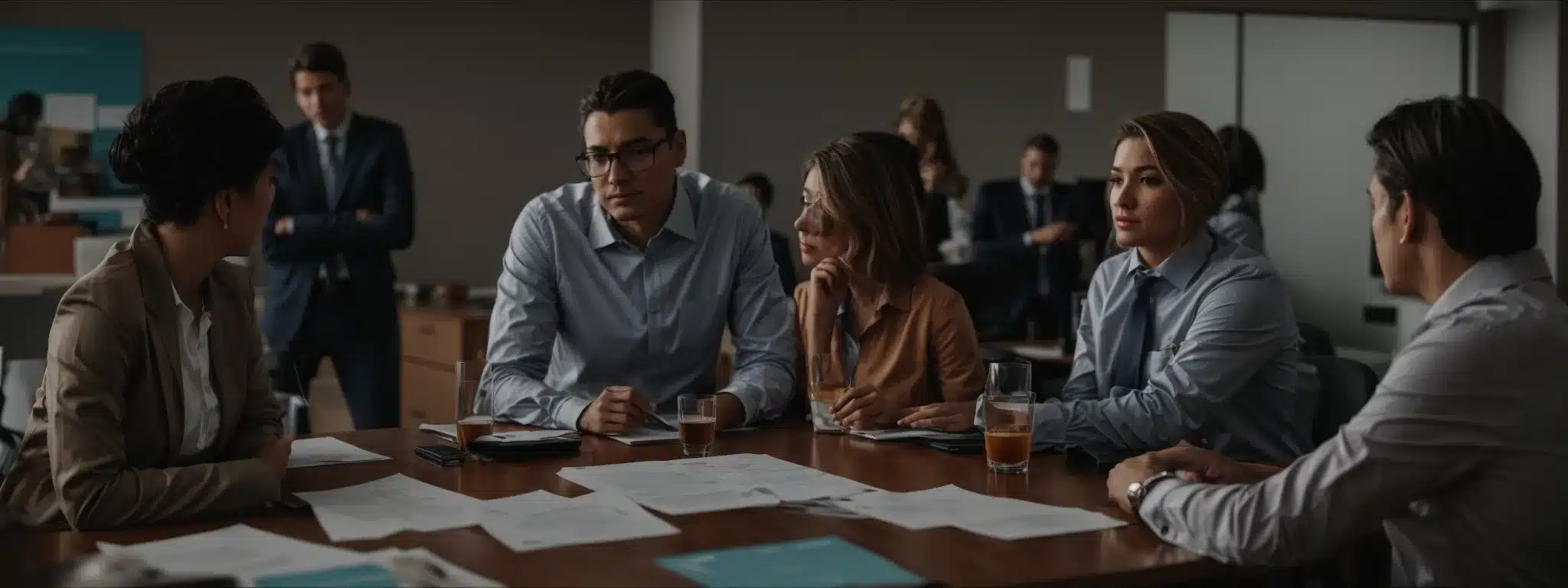 an office meeting where employers discuss policies without visible paperwork or screens.