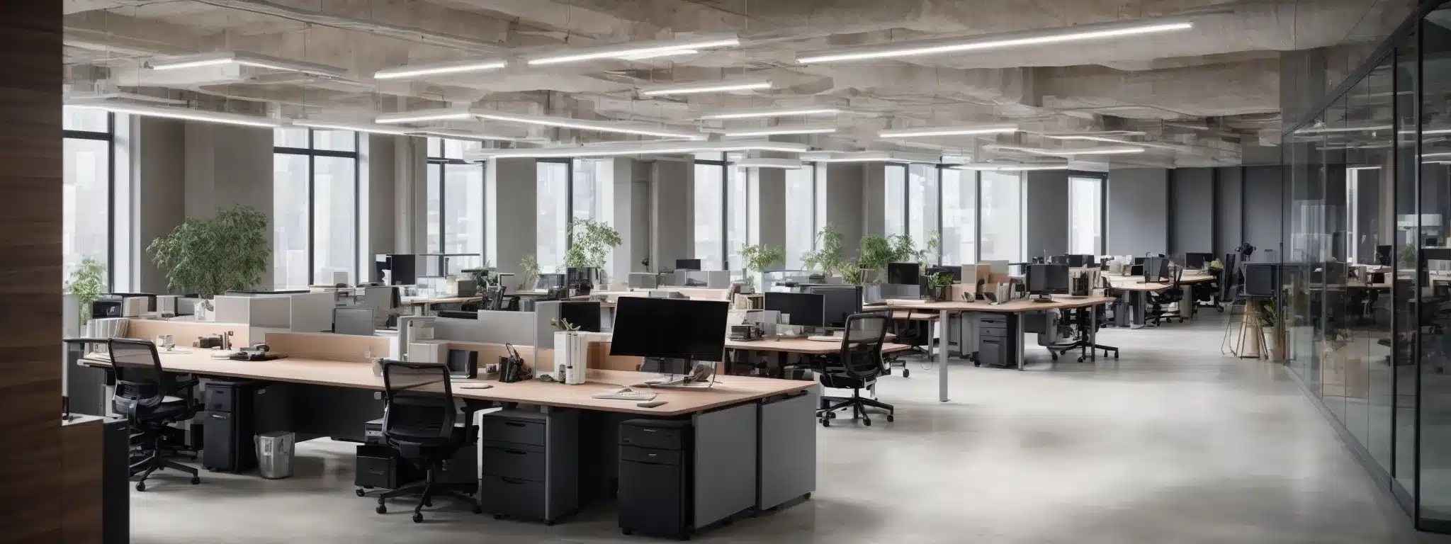 a modern office equipped with adjustable standing desks and ergonomic chairs positioned in a spacious, well-lit work area.