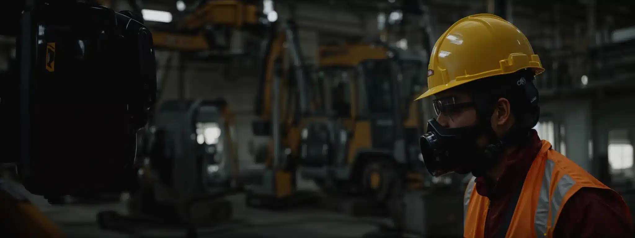 a worker in a reflective safety vest operates a heavy machine while wearing a protective helmet and goggles.
