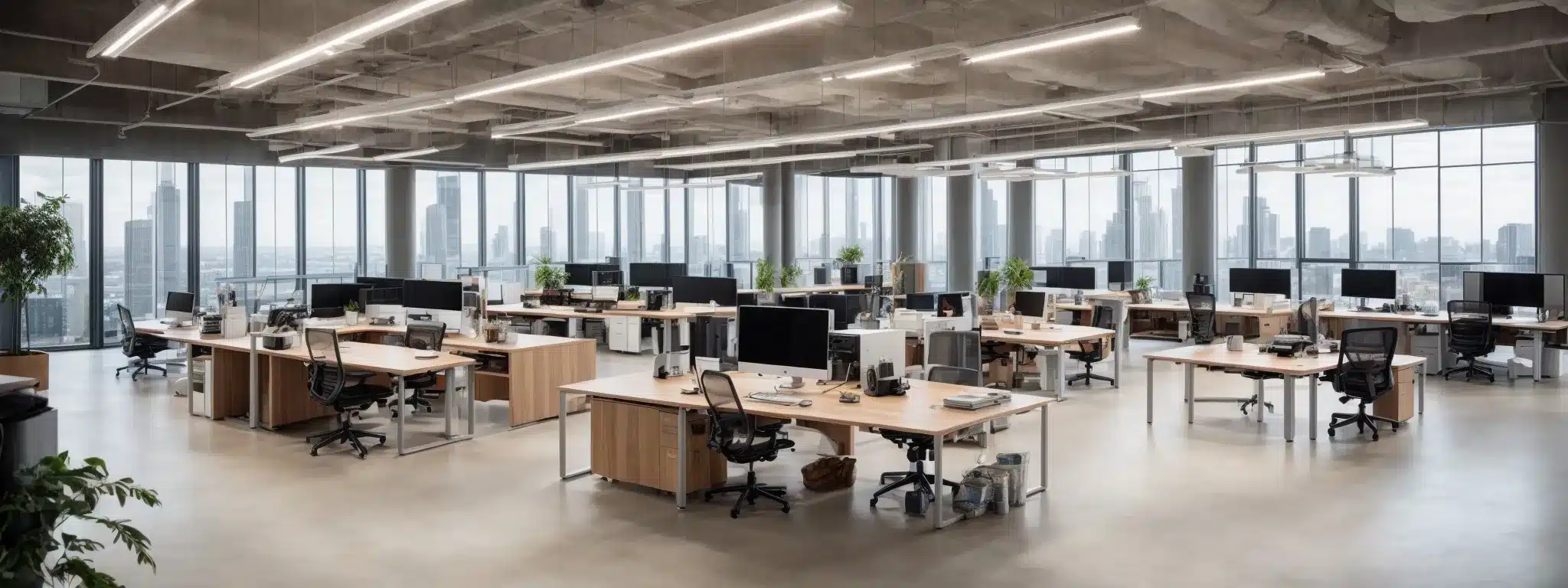 a spacious, well-lit office featuring adjustable standing desks and supportive chairs positioned to create a comfortable, open work environment.