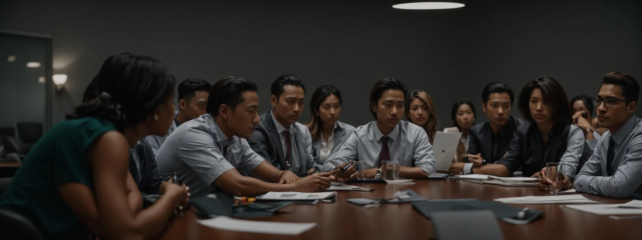 a conference room where a diverse team is intently discussing documents sprawled across a table.