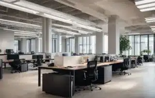 a modern office space filled with ergonomic chairs and spacious desks under bright, natural lighting.