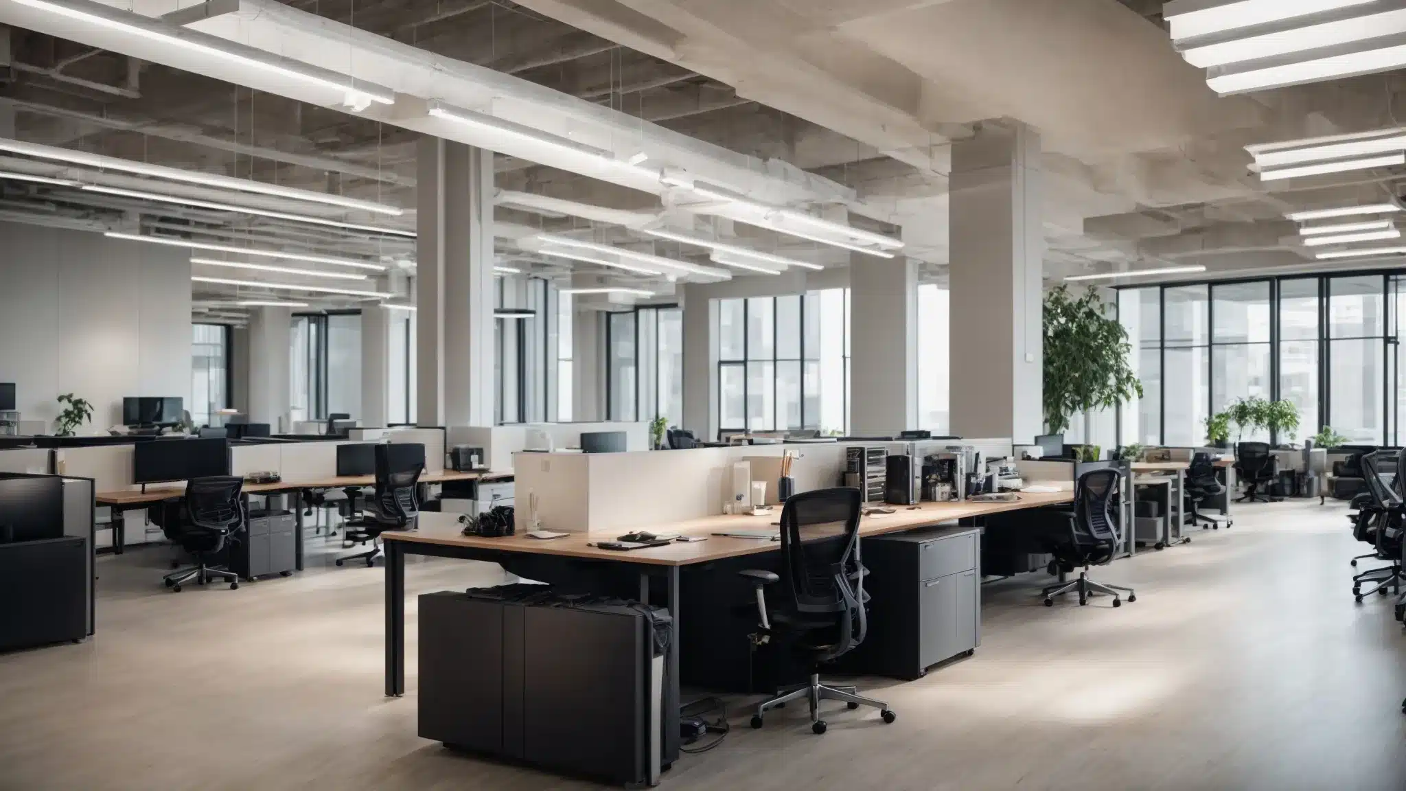 a modern office space filled with ergonomic chairs and spacious desks under bright, natural lighting.