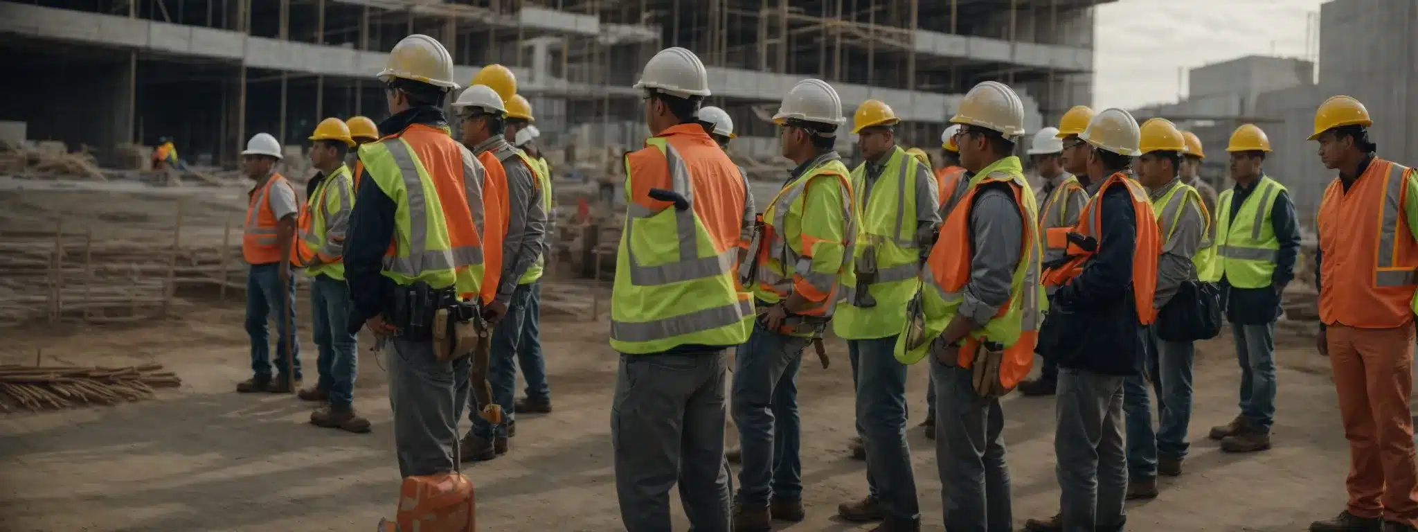 workers in reflective vests and hard hats participate in a safety briefing at a construction site.