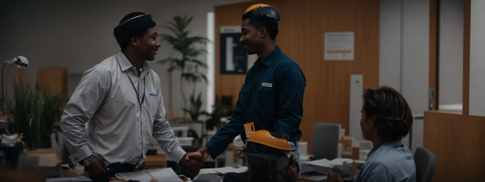 a worker in a hard hat shakes hands with an insurance representative in an office.