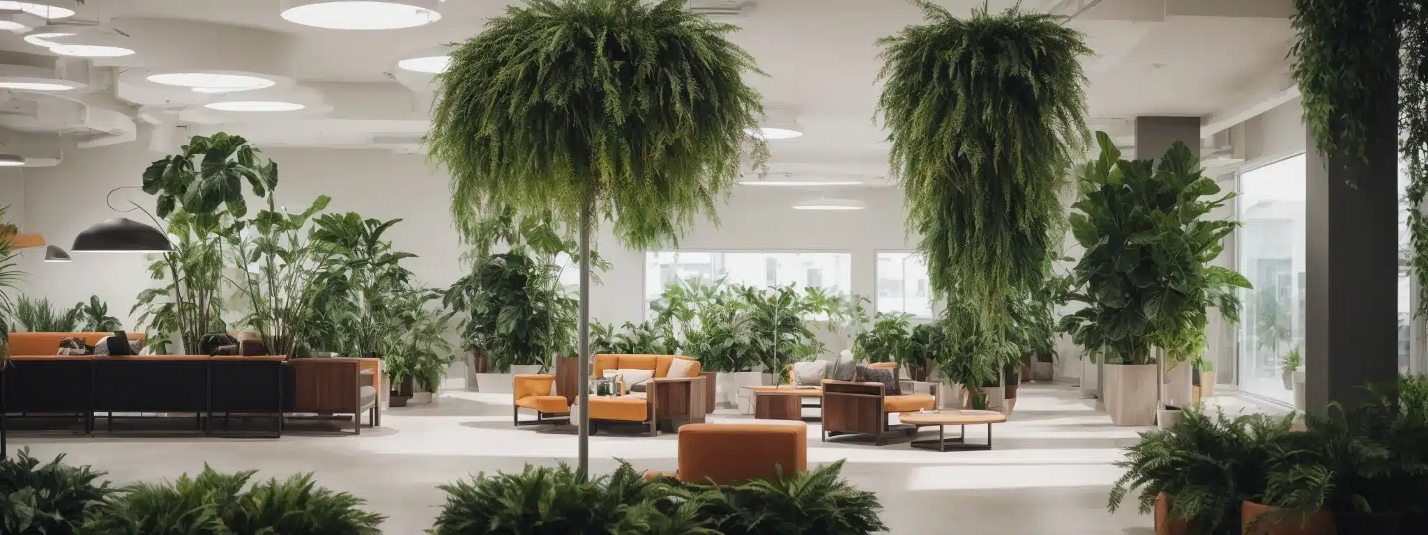 an image of a serene office relaxation area with comfortable seating and green plants designed for employee breaks and mental well-being.