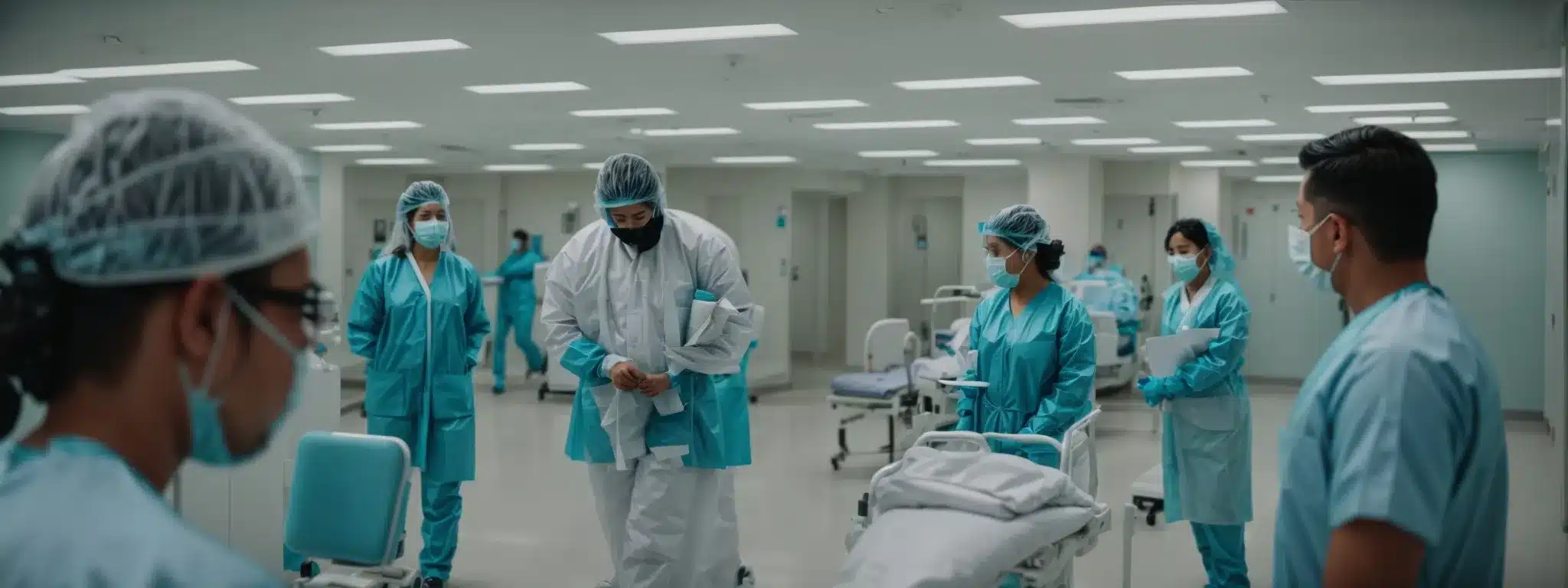 a healthcare team conducts a safety drill in a hospital setting, wearing protective gear and engaging collaboratively.