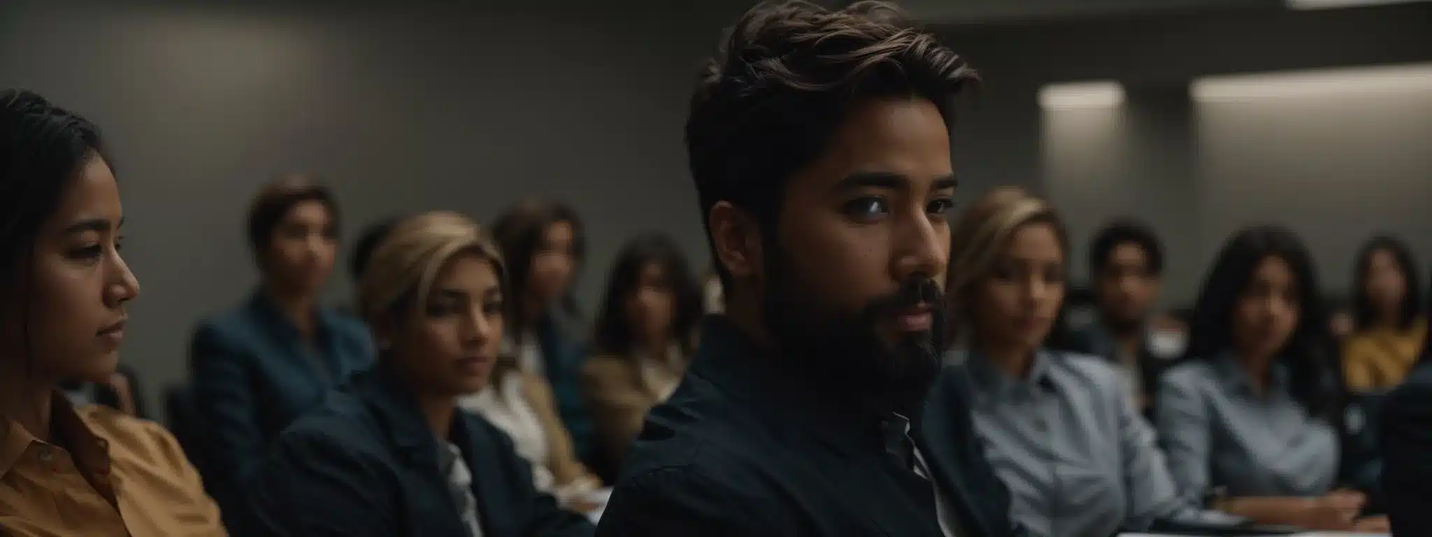 a focused individual participates in a calm, organized group meeting within a modern office space.