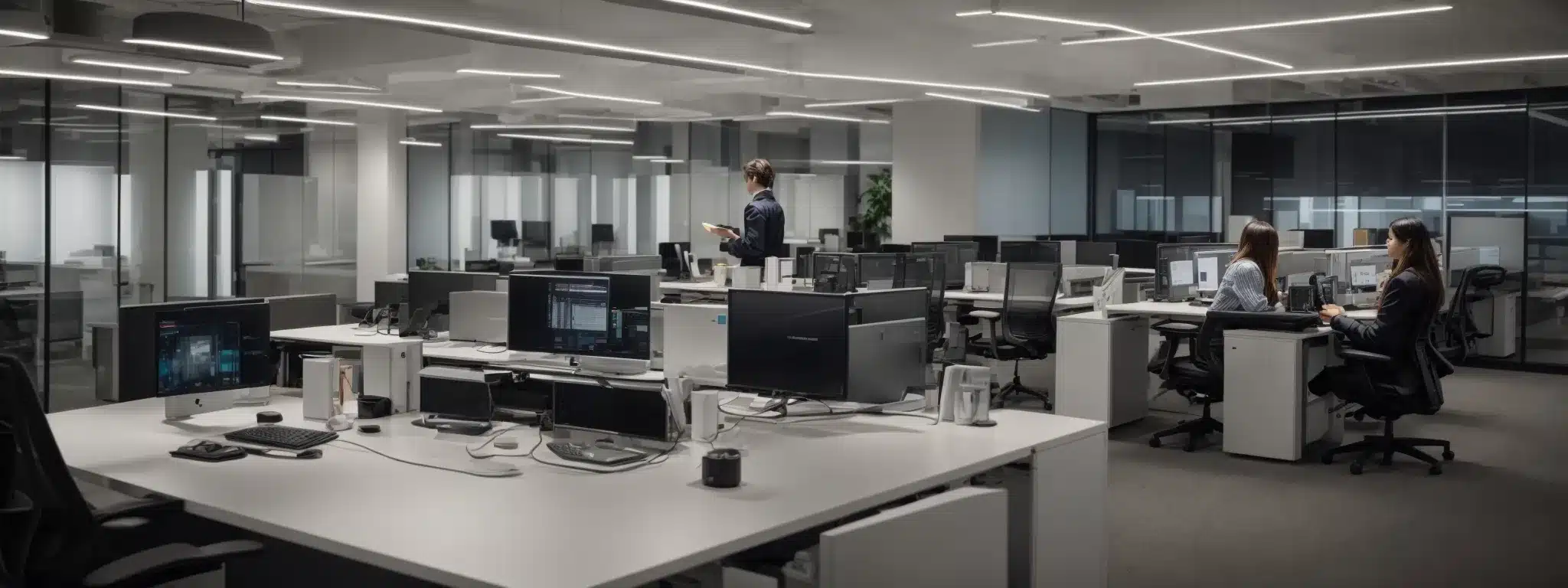 a well-lit modern office space equipped with adjustable standing desks, ergonomic chairs, and sleek computers, possibly with a person wearing a posture-correcting wearable gadget.