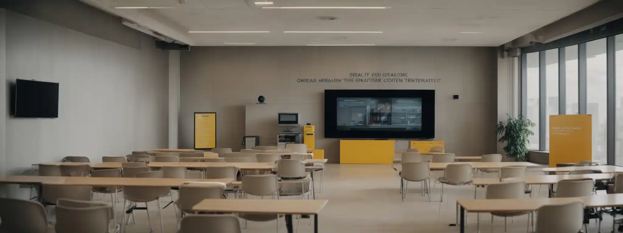 a conference room where a health and safety training session is in progress, with visible safety gear and informational posters on the walls.