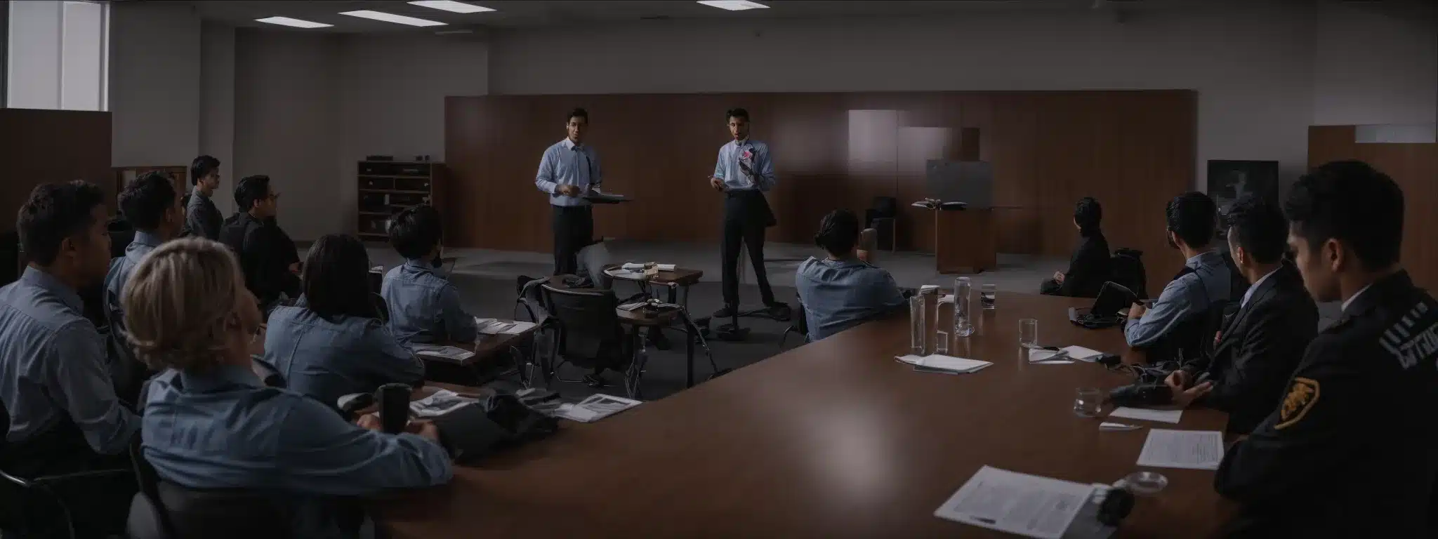 a professional instructor is conducting a safety workshop with attentive workers in a conference room.