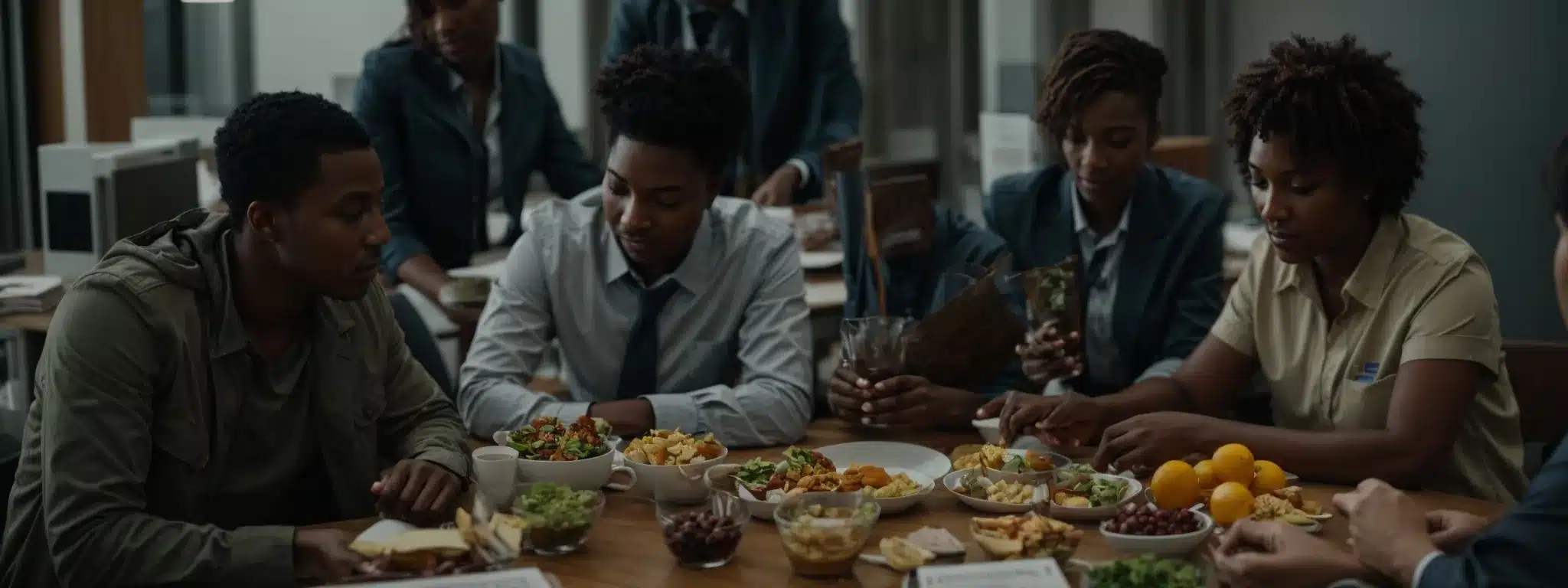 a diverse group of employees gathers around a meeting table with healthy snacks, discussing papers and charts.