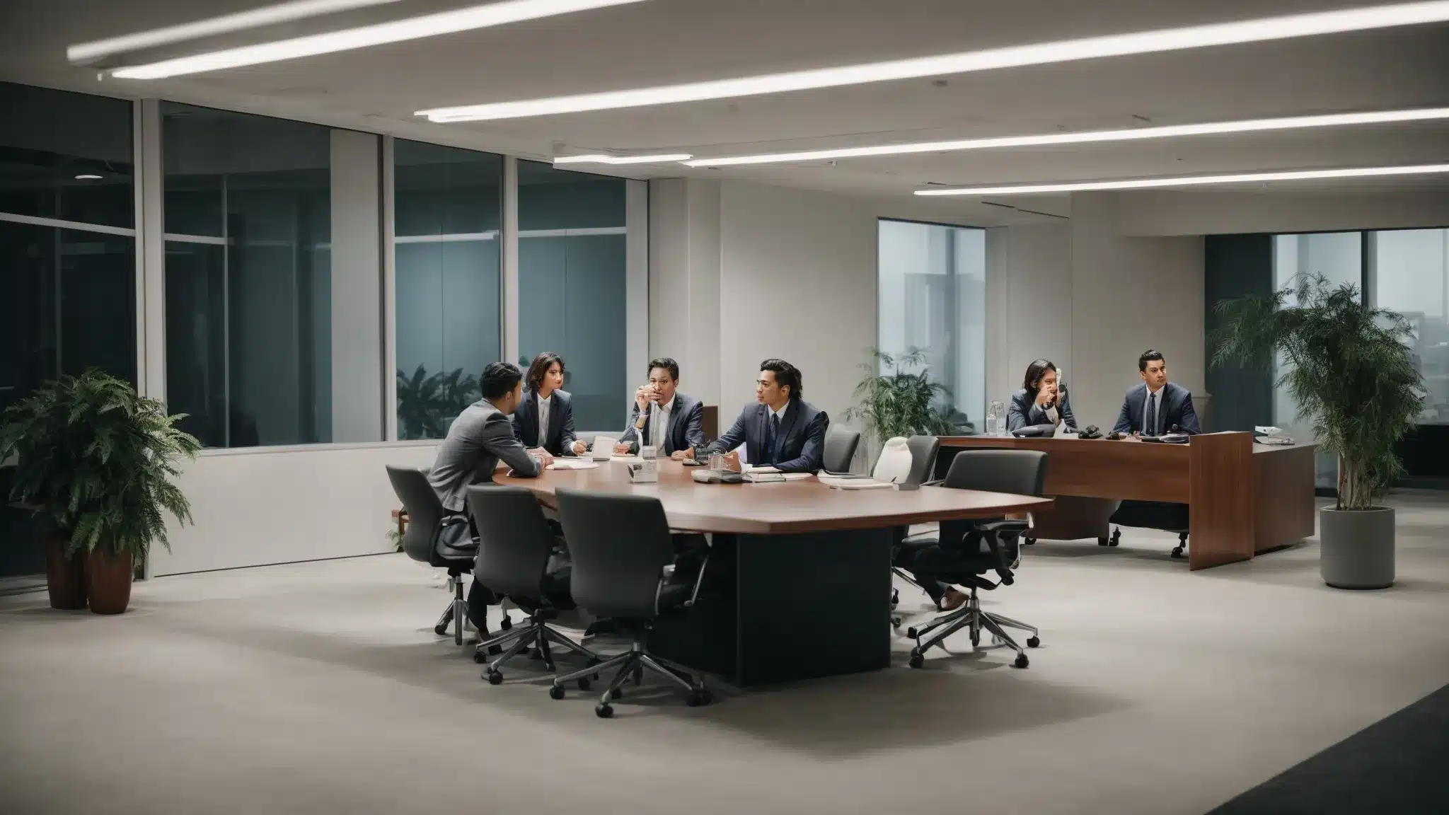 a group of professionals gather around a conference table, reviewing health and safety policies in a well-lit office.