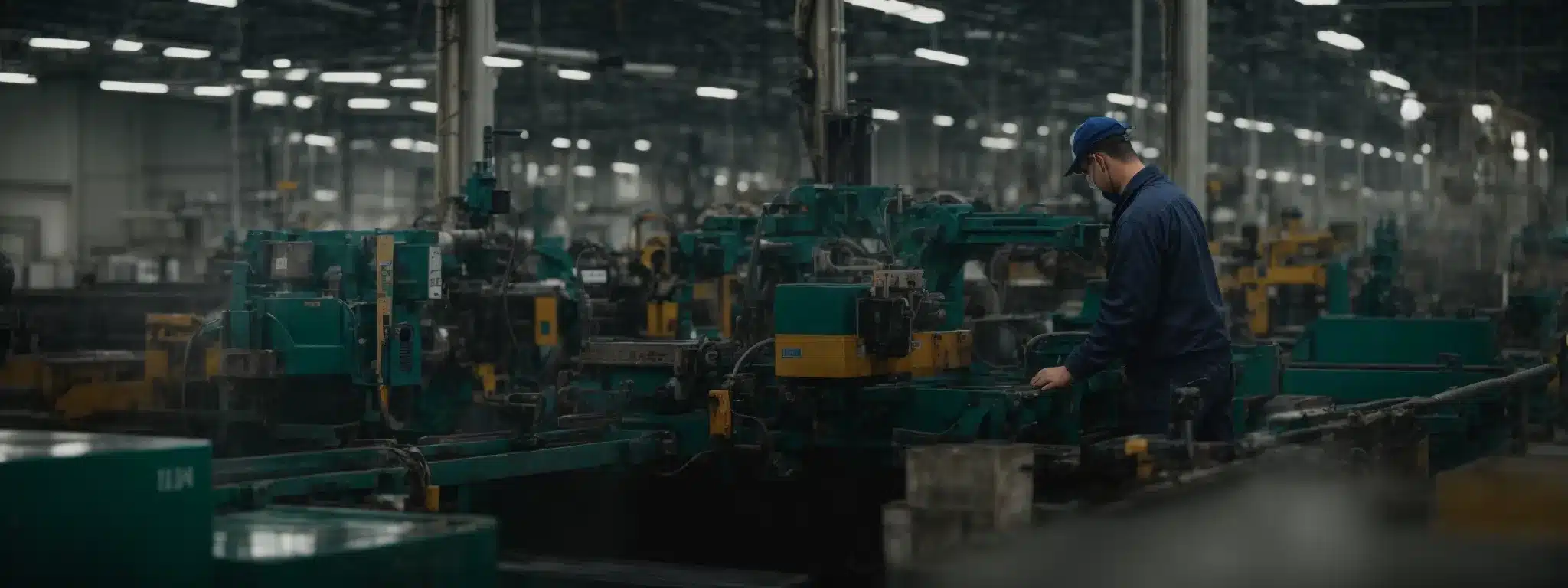 a worker adjusting machinery in a spacious, well-lit factory, highlighting a healthy and safe work environment.