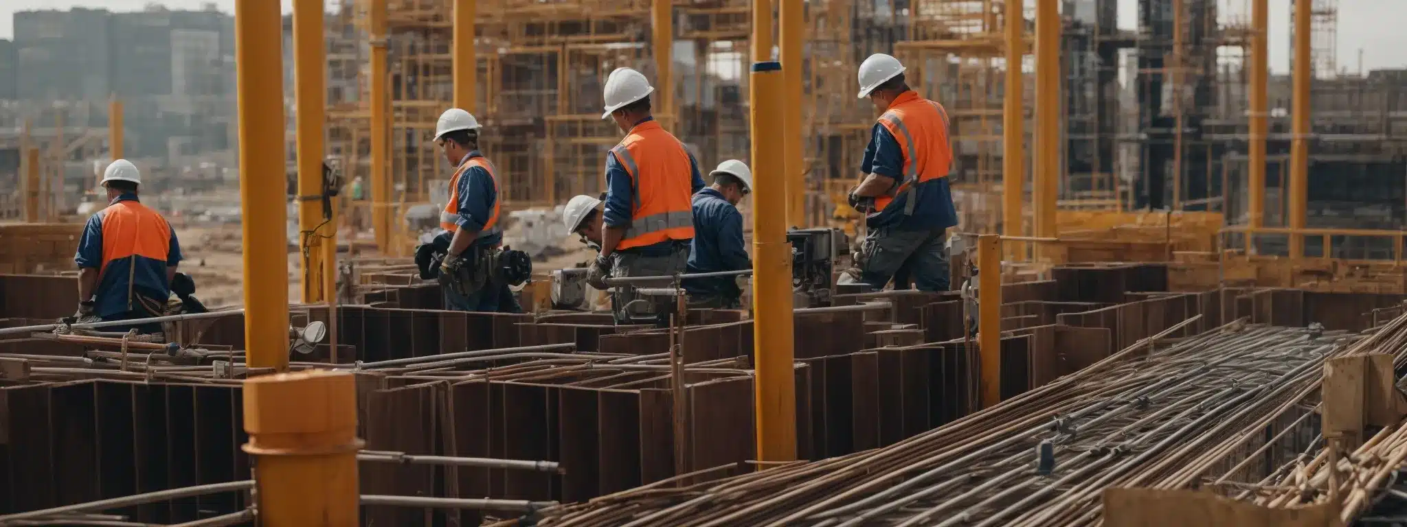 construction workers wearing hard hats and high-visibility vests operate on a steel framework.