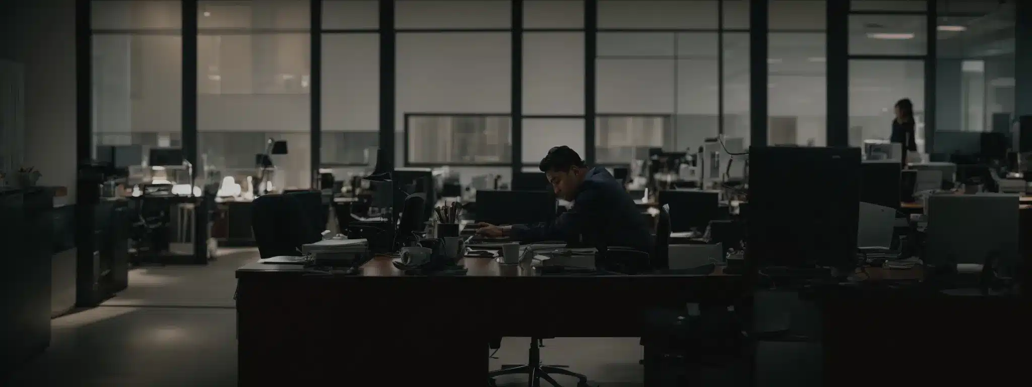 an office worker adjusts their chair and desk to create a comfortable workspace.