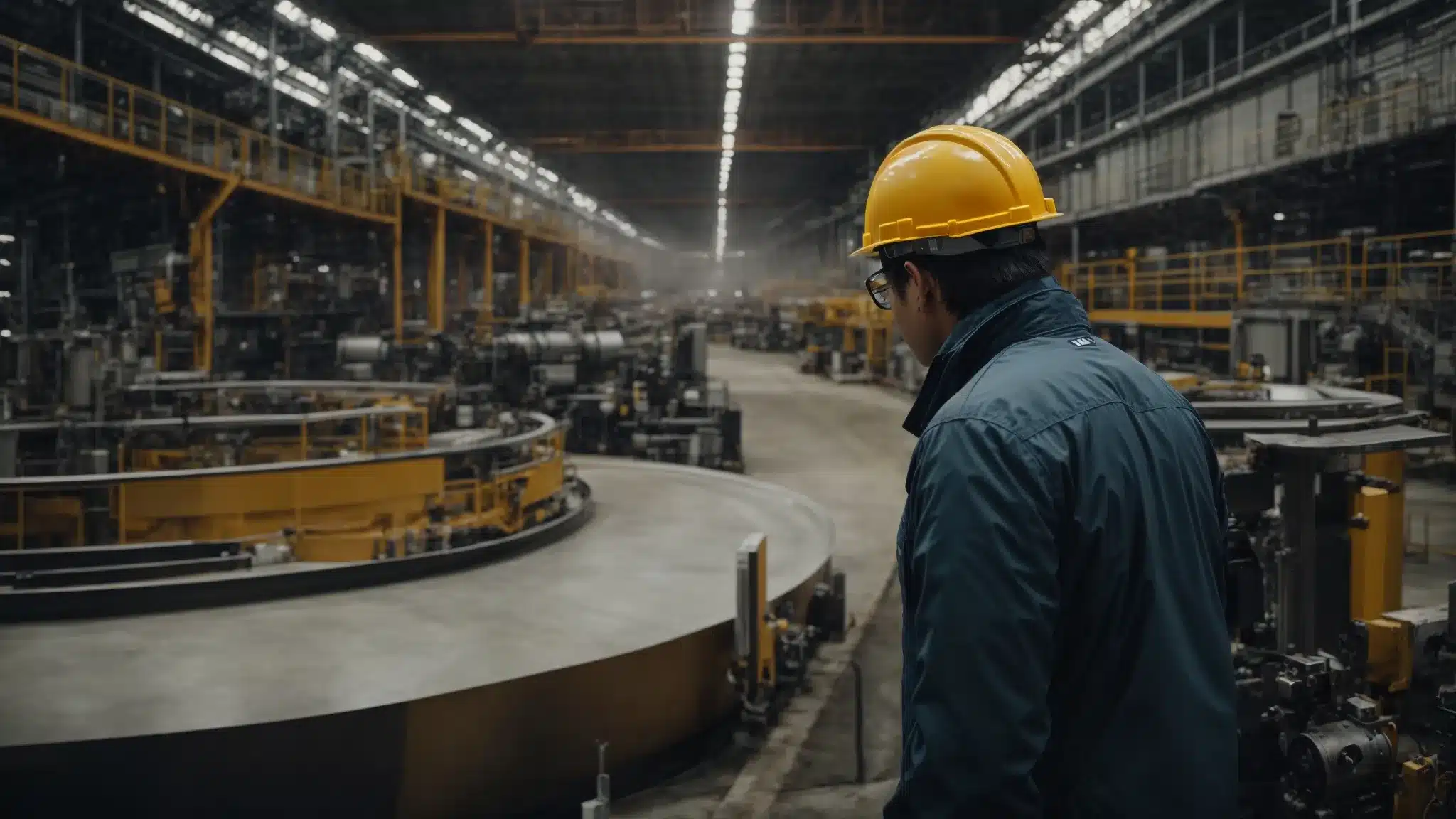 a professional in a hard hat inspects machinery in a spacious, well-organized factory.