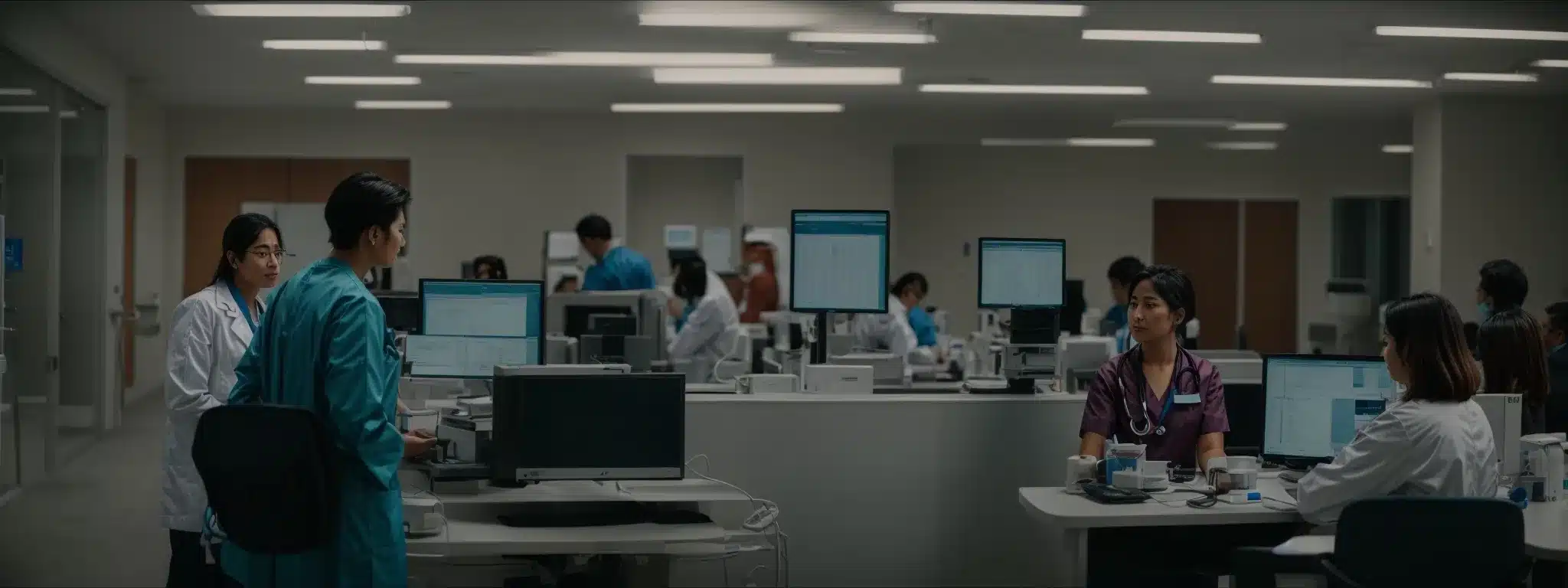 healthcare professionals discuss patient data around a computer in a well-equipped medical office.