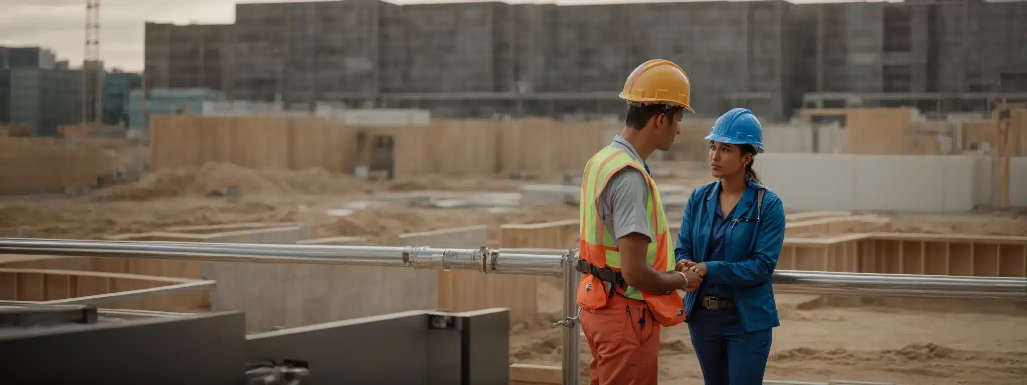 a healthcare professional discusses with a construction supervisor on a building site.