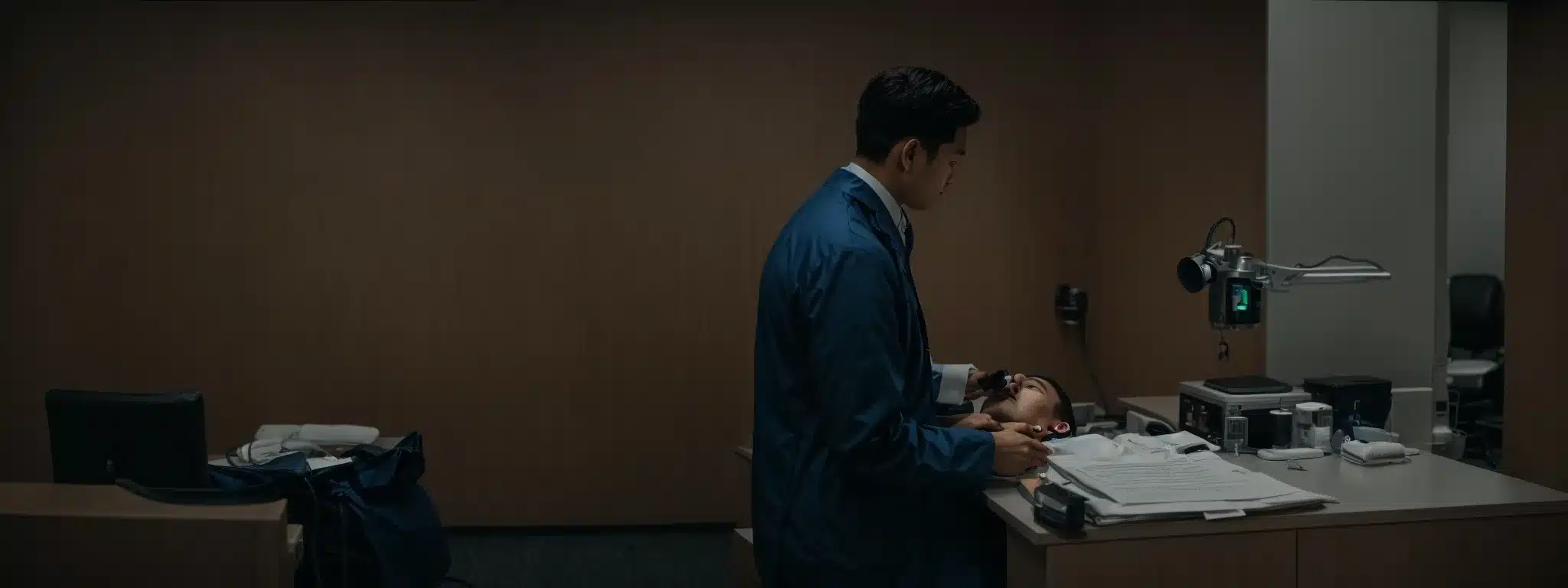 a healthcare professional in a clinic conducts a hearing test on a worker in a soundproof booth.