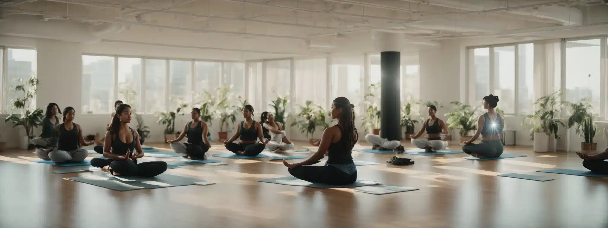 employees participate in a group yoga session in a spacious, sunlit office environment.