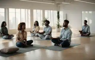 a group of co-workers engaging in a stress-relieving meditation session in a bright office space.