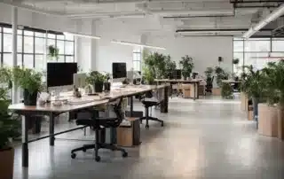 an ergonomic office space with standing desks, spacious layout, and plants promoting a healthy work environment.